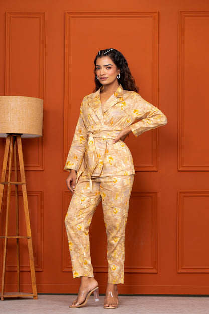 Jam Cotton Printed Yellow Blazer Belt Co-ord Set