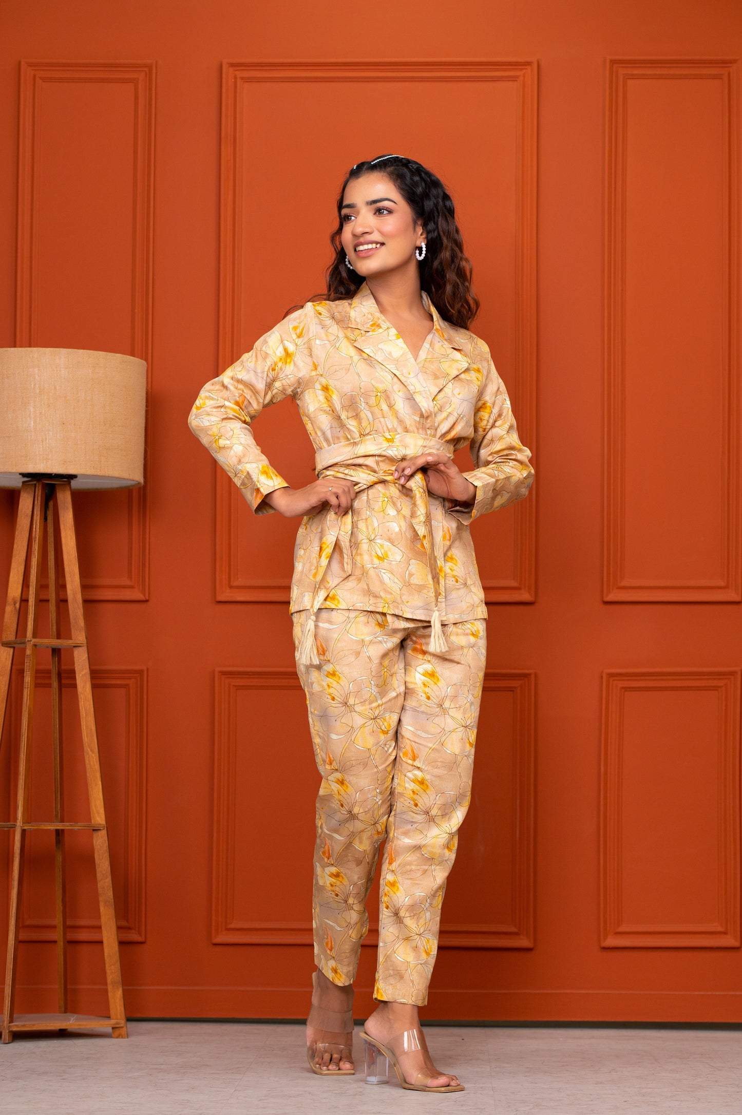 Jam Cotton Printed Yellow Blazer Belt Co-ord Set