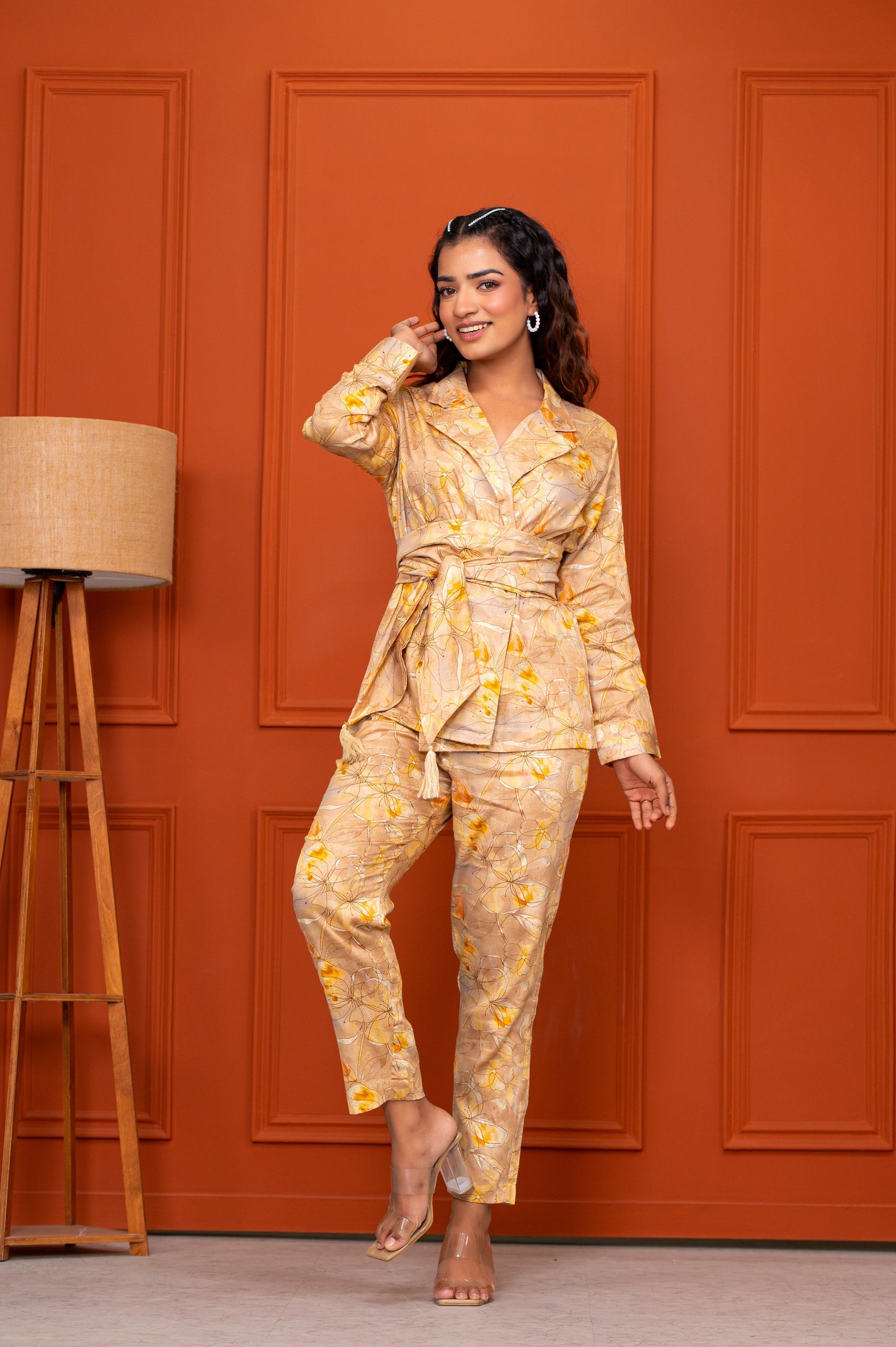 Jam Cotton Printed Yellow Blazer Belt Co-ord Set