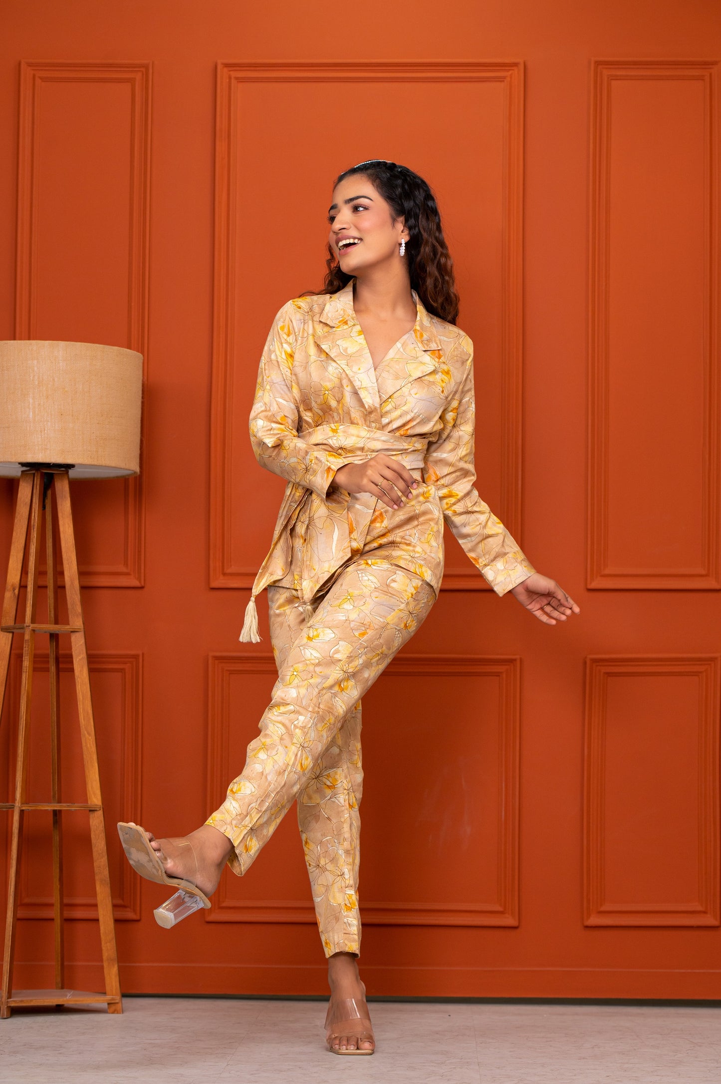 Jam Cotton Printed Yellow Blazer Belt Co-ord Set