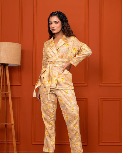 Jam Cotton Printed Yellow Blazer Belt Co-ord Set