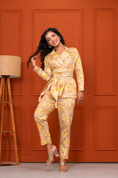 Jam Cotton Printed Yellow Blazer Belt Co-ord Set