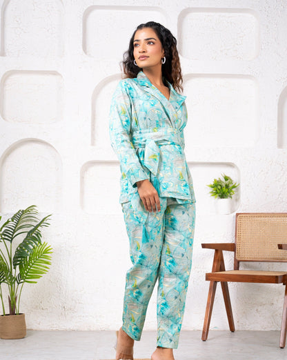 Jam Cotton Printed Blue Blazer Belt Co-ord Set