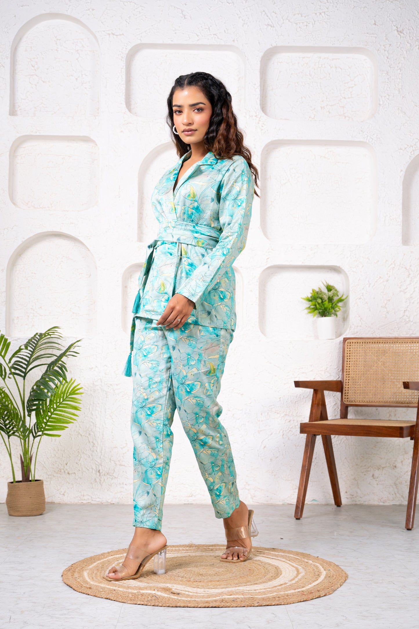 Jam Cotton Printed Blue Blazer Belt Co-ord Set