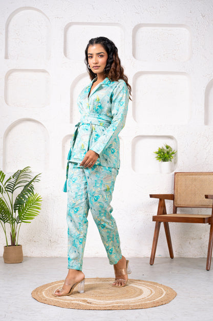 Jam Cotton Printed Blue Blazer Belt Co-ord Set