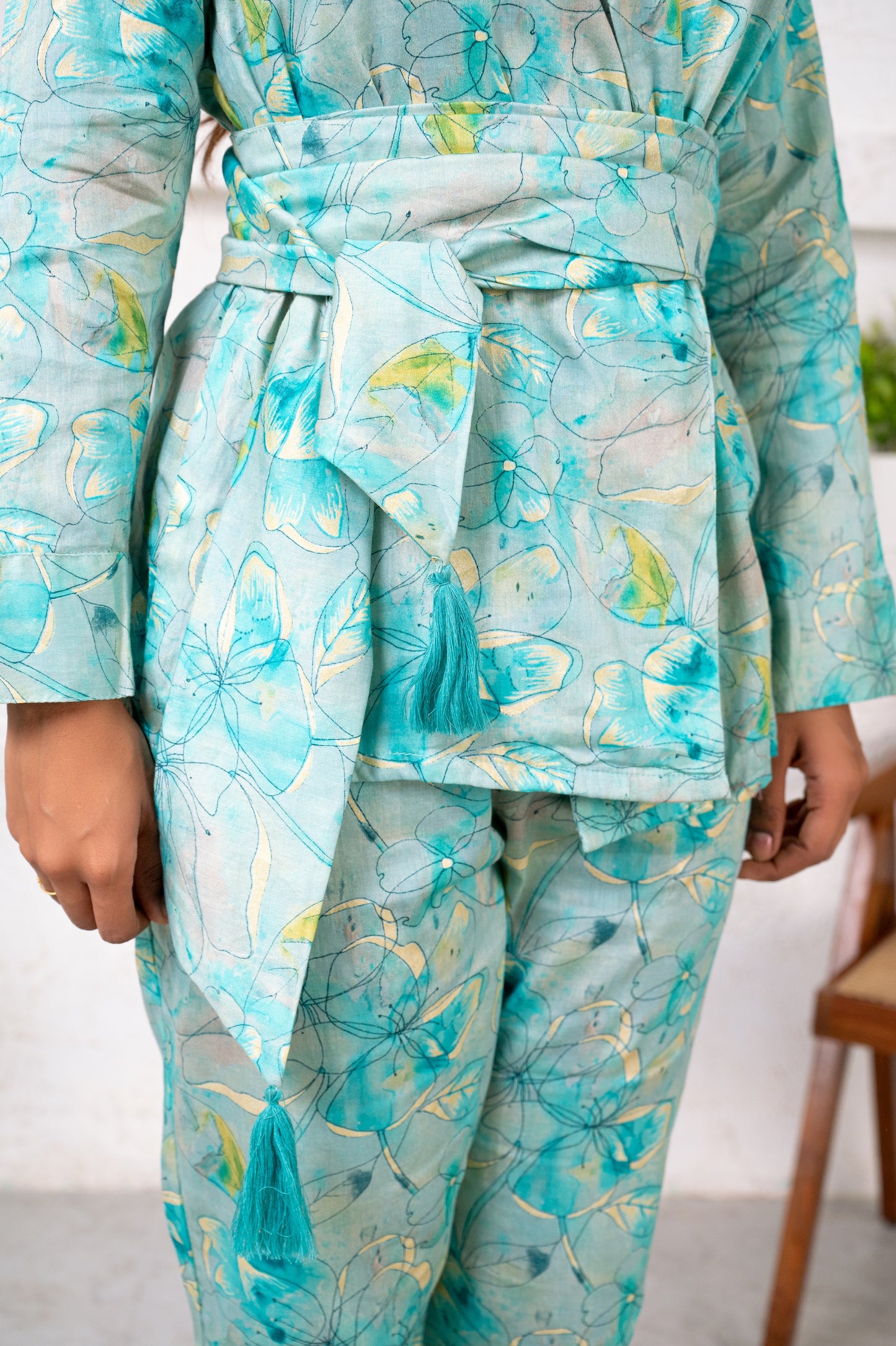 Jam Cotton Printed Blue Blazer Belt Co-ord Set