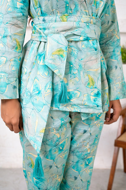 Jam Cotton Printed Blue Blazer Belt Co-ord Set