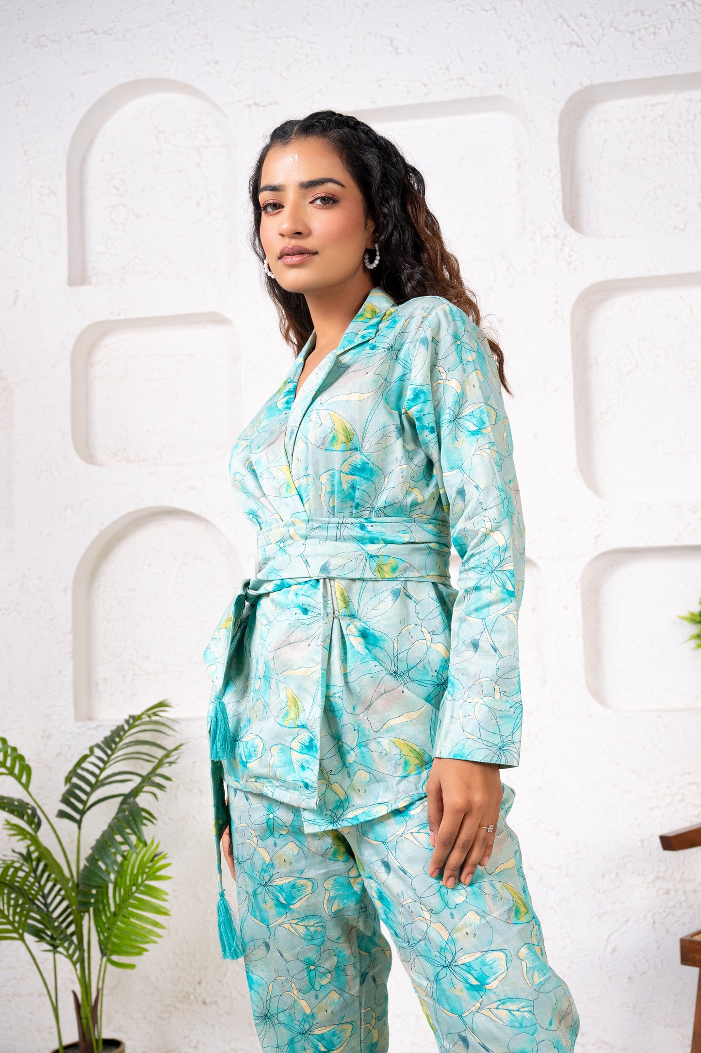 Jam Cotton Printed Blue Blazer Belt Co-ord Set