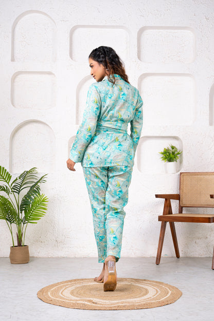 Jam Cotton Printed Blue Blazer Belt Co-ord Set