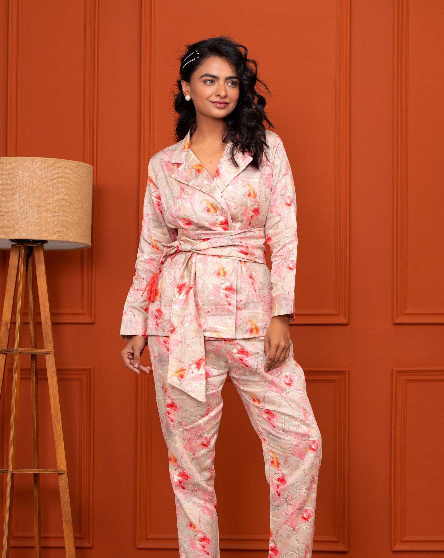 Jam Cotton Printed Peach Blazer Belt Co-ord Set