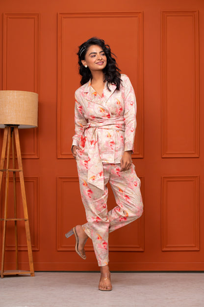 Jam Cotton Printed Peach Blazer Belt Co-ord Set