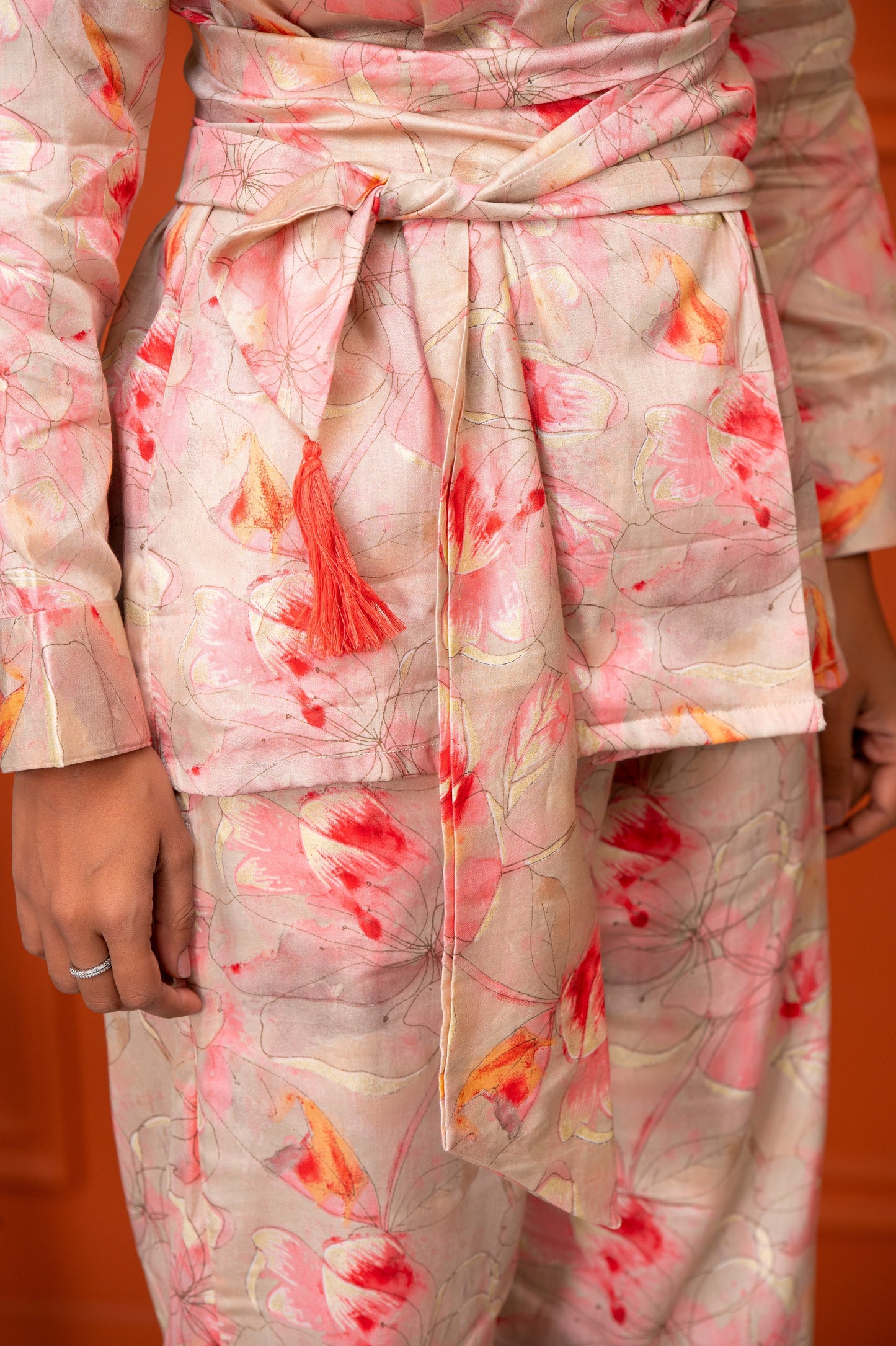 Jam Cotton Printed Peach Blazer Belt Co-ord Set