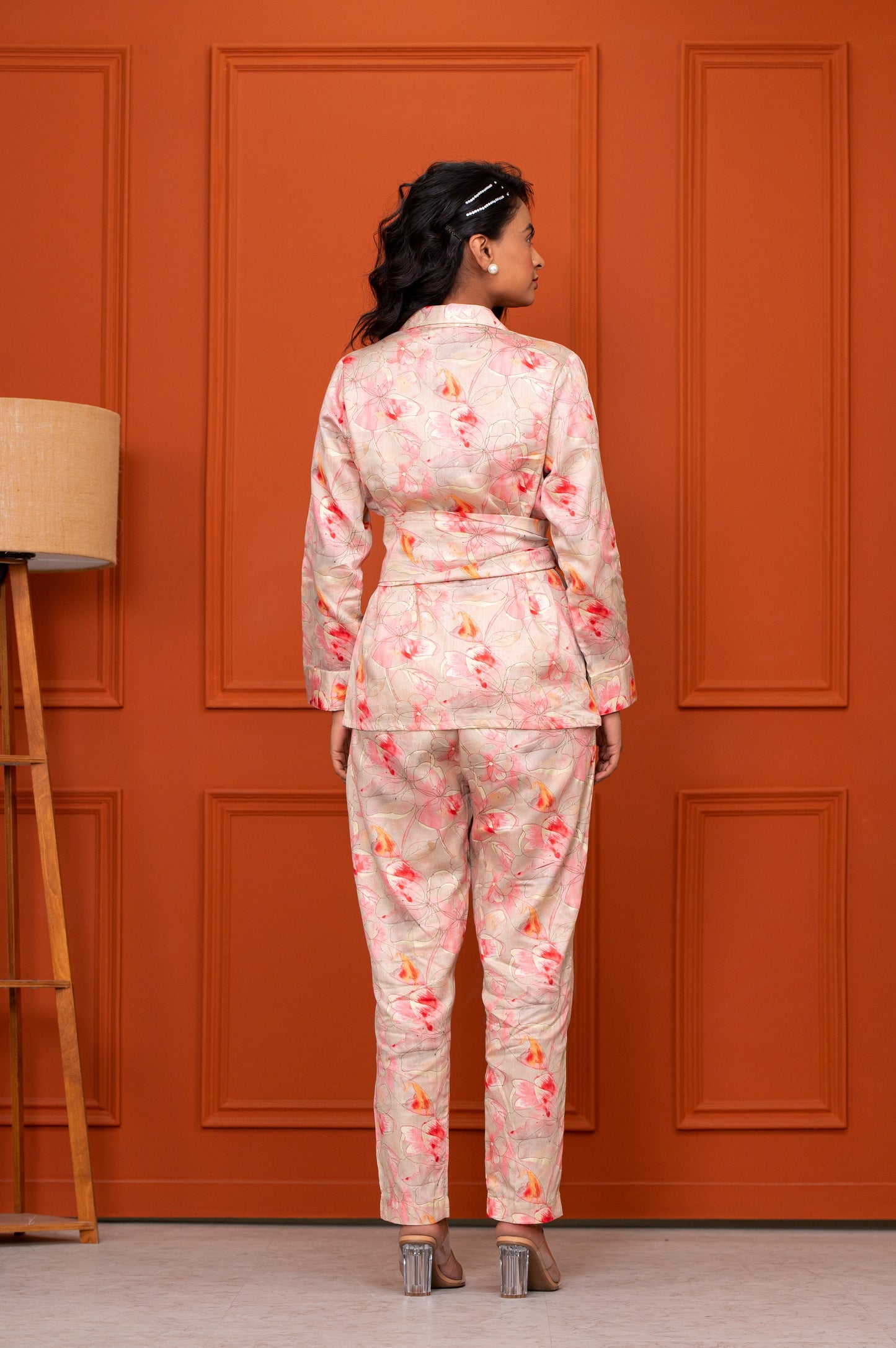 Jam Cotton Printed Peach Blazer Belt Co-ord Set