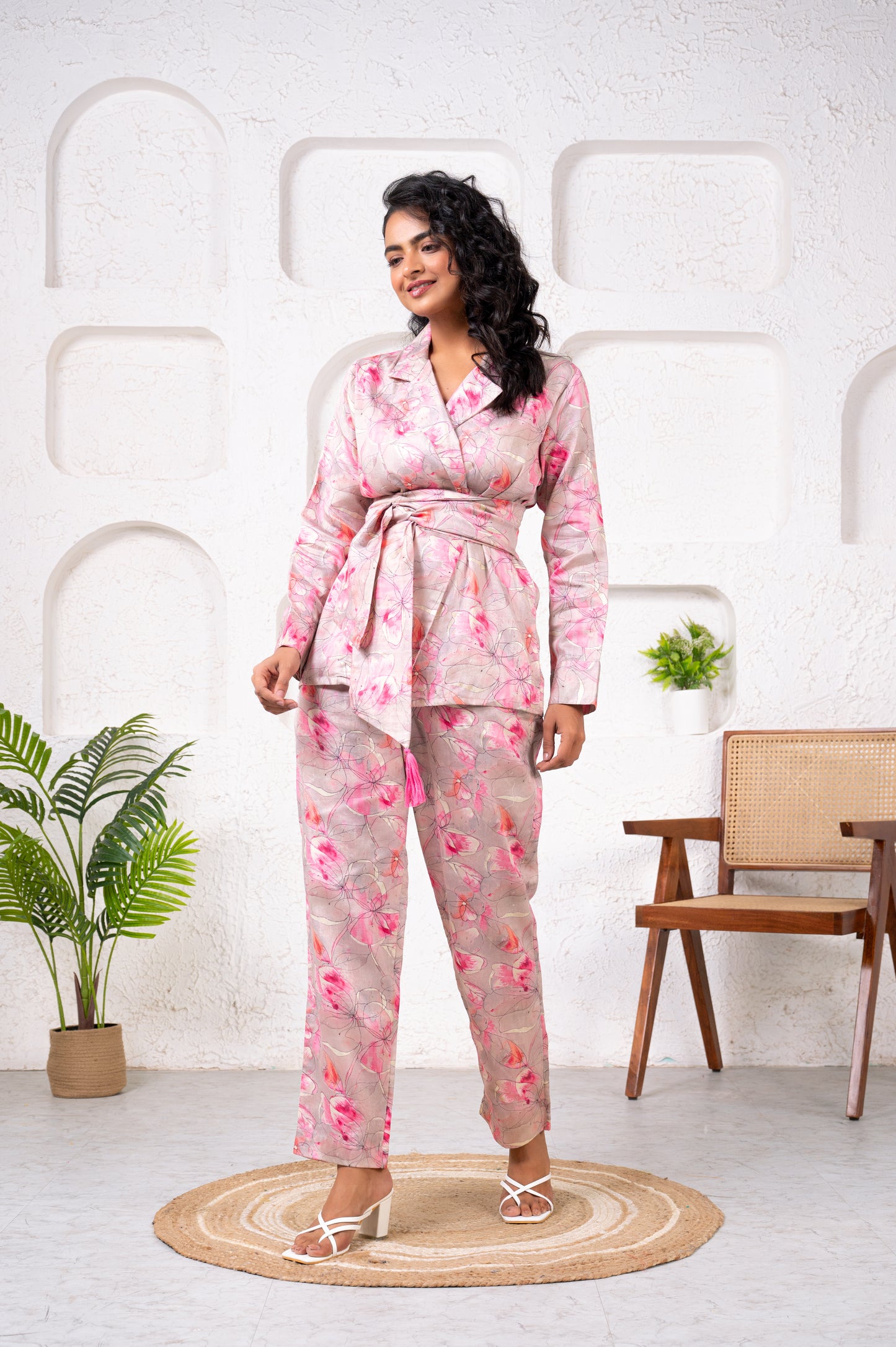 Jam Cotton Printed Pink Blazer Belt Co-ord Set