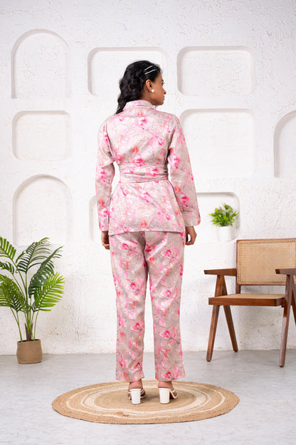 Jam Cotton Printed Pink Blazer Belt Co-ord Set