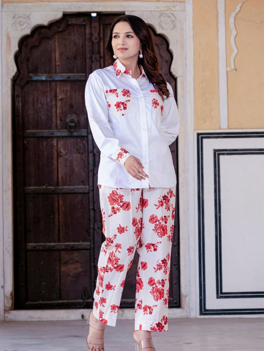 White Pure Cotton Red Flower Detailing Co-Ord Set