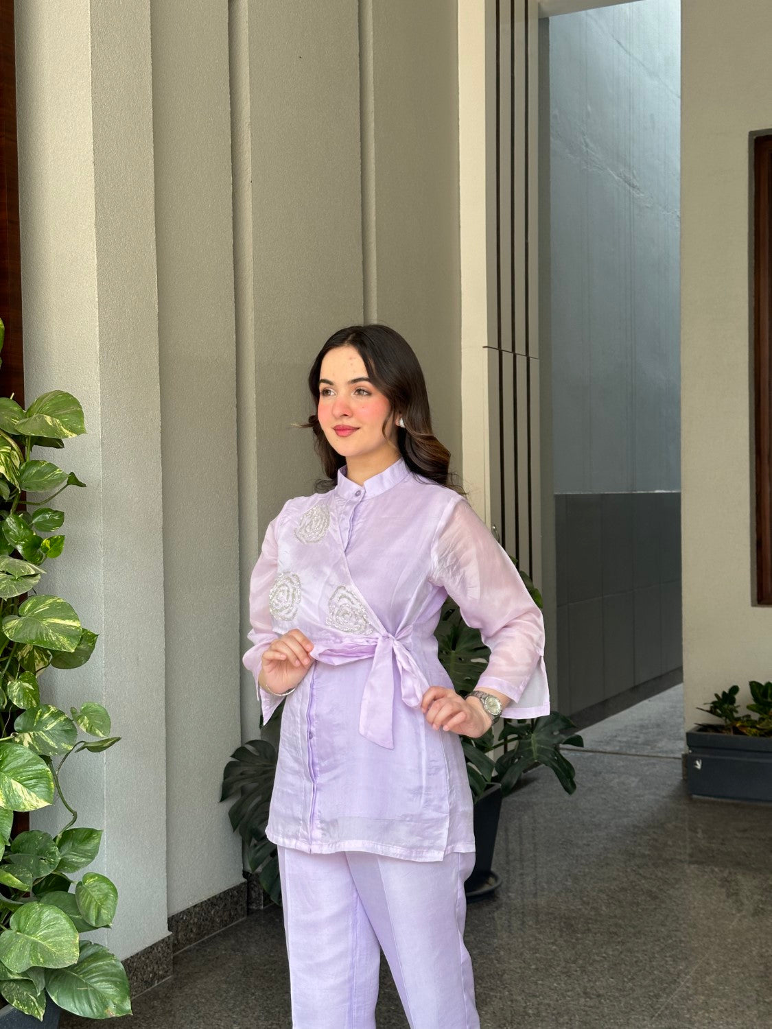 Lilac Summer Silk Co-ord Set With Cutwork Detailing