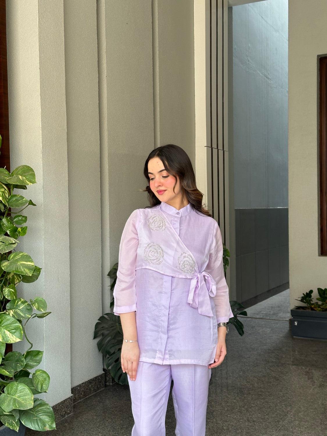 Lilac Summer Silk Co-ord Set With Cutwork Detailing