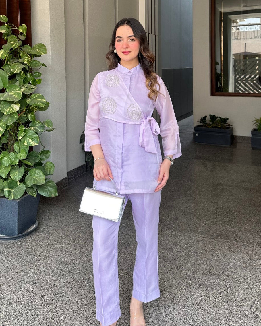 Lilac Summer Silk Co-ord Set With Cutwork Detailing