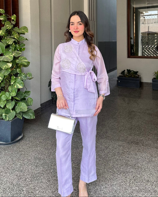Lilac Summer Silk Co-ord Set With Cutwork Detailing