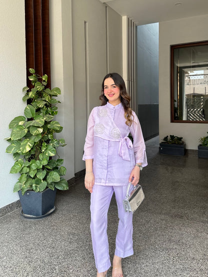 Lilac Summer Silk Co-ord Set With Cutwork Detailing