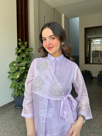 Lilac Summer Silk Co-ord Set With Cutwork Detailing