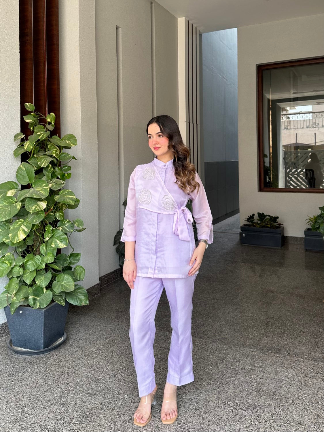 Lilac Summer Silk Co-ord Set With Cutwork Detailing
