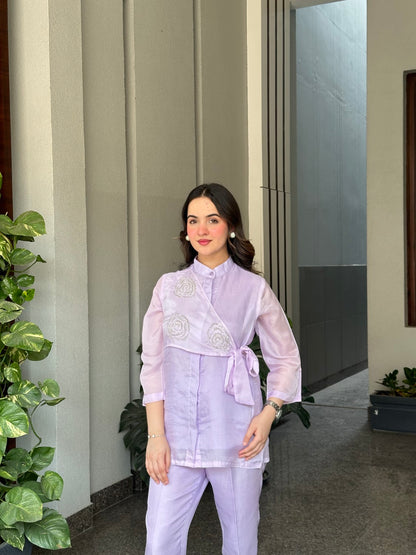 Lilac Summer Silk Co-ord Set With Cutwork Detailing