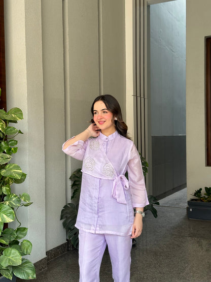 Lilac Summer Silk Co-ord Set With Cutwork Detailing