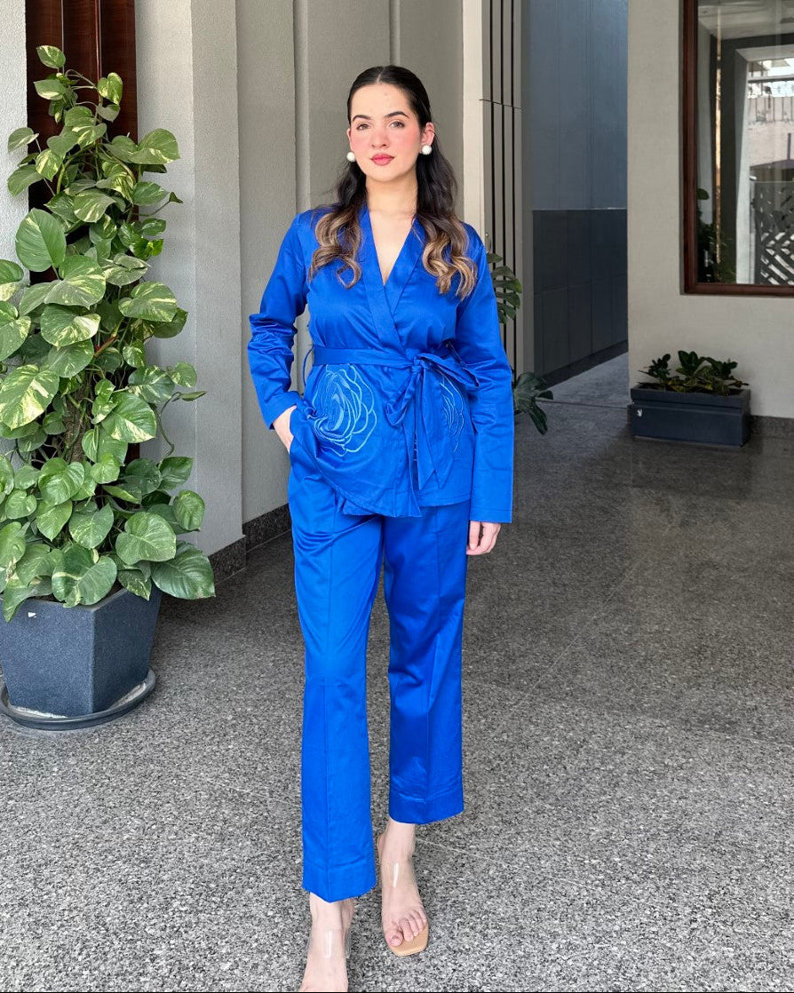 Royal Blue Italian Cotton Blazer Co-ord Set With Embroidery