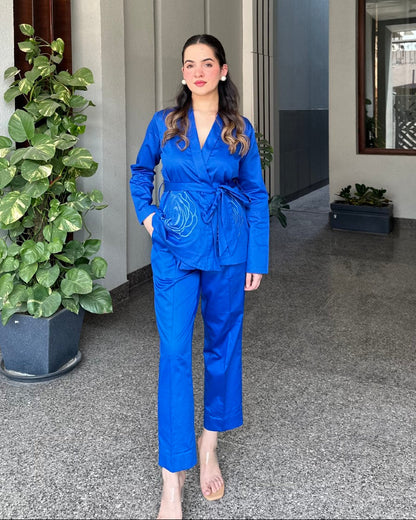 Royal Blue Italian Cotton Blazer Co-ord Set With Embroidery