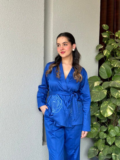 Royal Blue Italian Cotton Blazer Co-ord Set With Embroidery