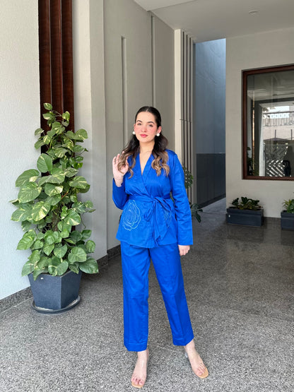 Royal Blue Italian Cotton Blazer Co-ord Set With Embroidery