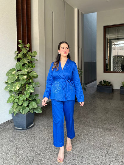 Royal Blue Italian Cotton Blazer Co-ord Set With Embroidery