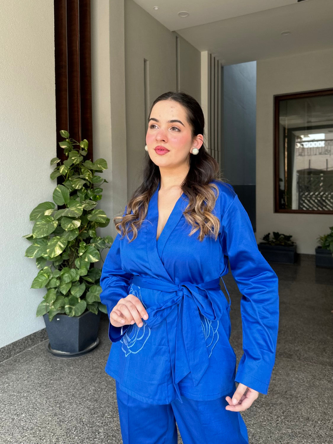 Royal Blue Italian Cotton Blazer Co-ord Set With Embroidery