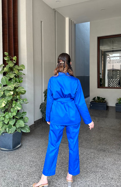 Royal Blue Italian Cotton Blazer Co-ord Set With Embroidery