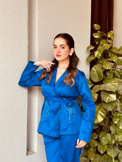 Royal Blue Italian Cotton Blazer Co-ord Set With Embroidery