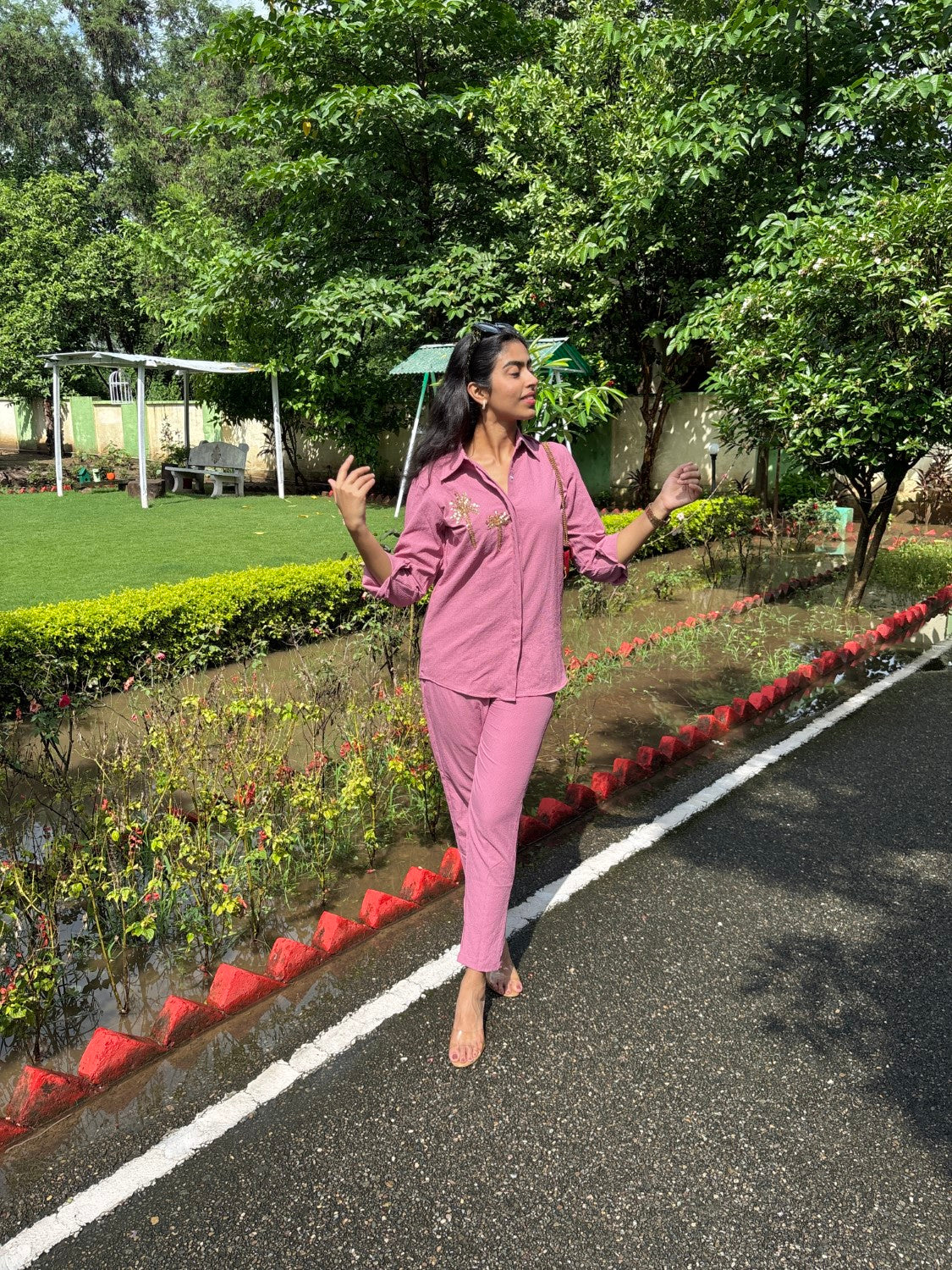 Italian Crepe Pink Palm Tree Co-Ord Set