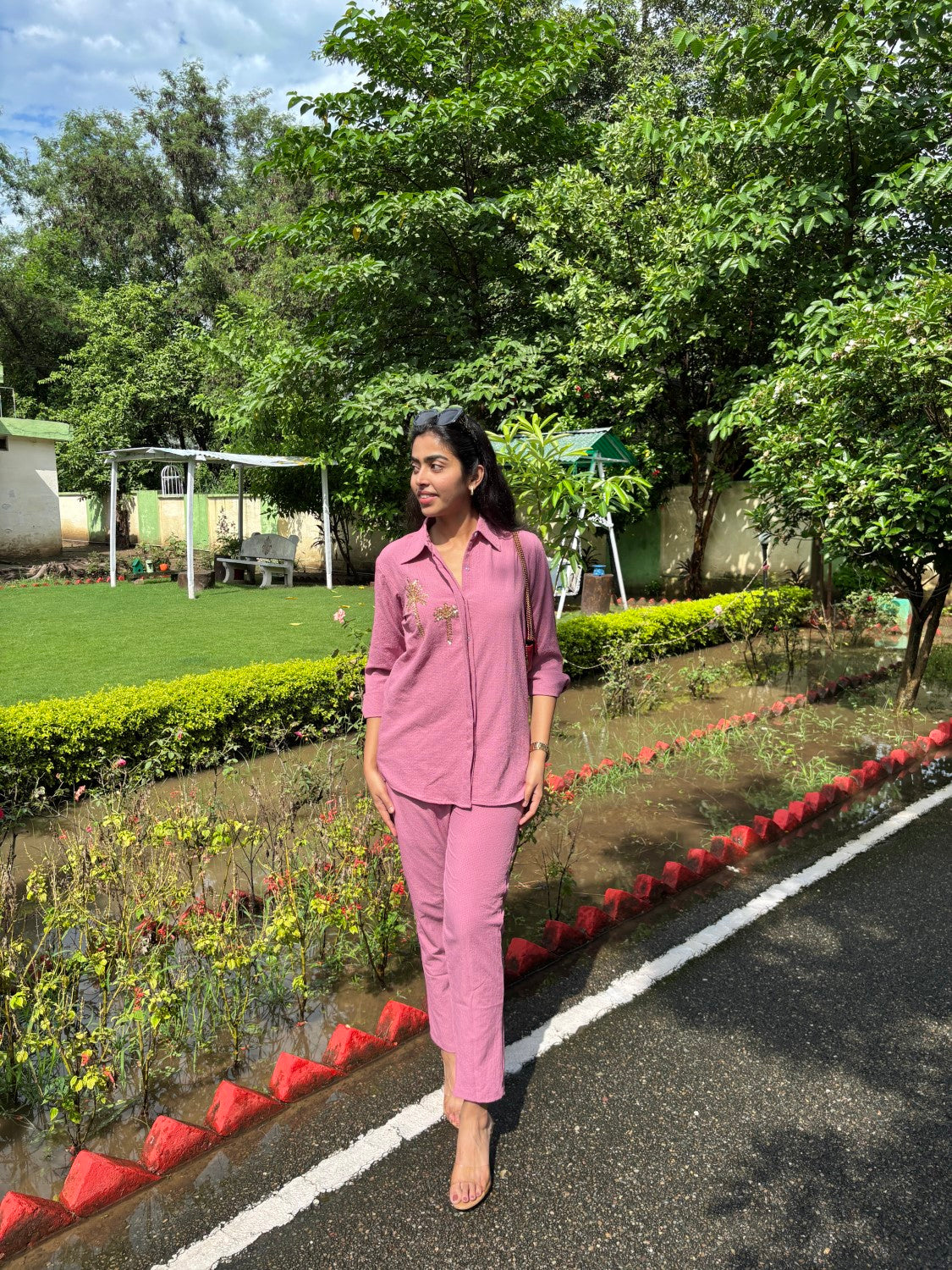 Italian Crepe Pink Palm Tree Co-Ord Set