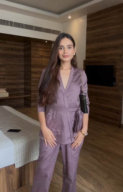 Brown Italian Cotton Blazer Co-ord Set With Embroidery