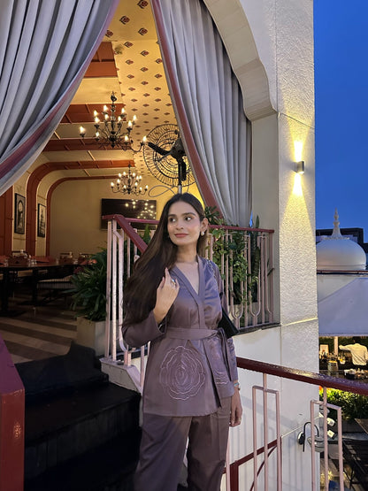 Brown Italian Cotton Blazer Co-ord Set With Embroidery