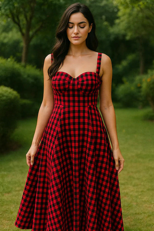 Crimson Check Midi Dress