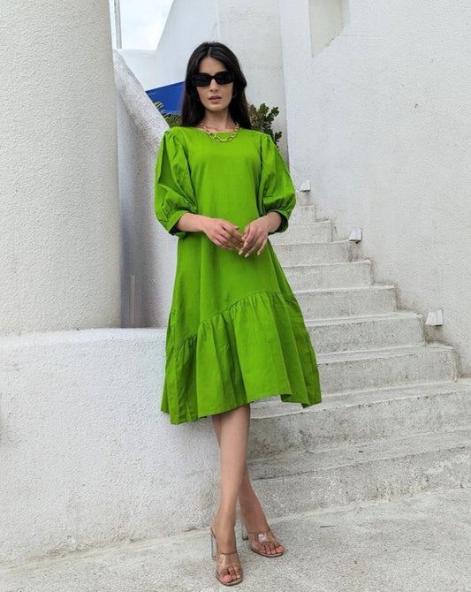 Textured Green Cotton Flex 3/4 Sleeves Dress