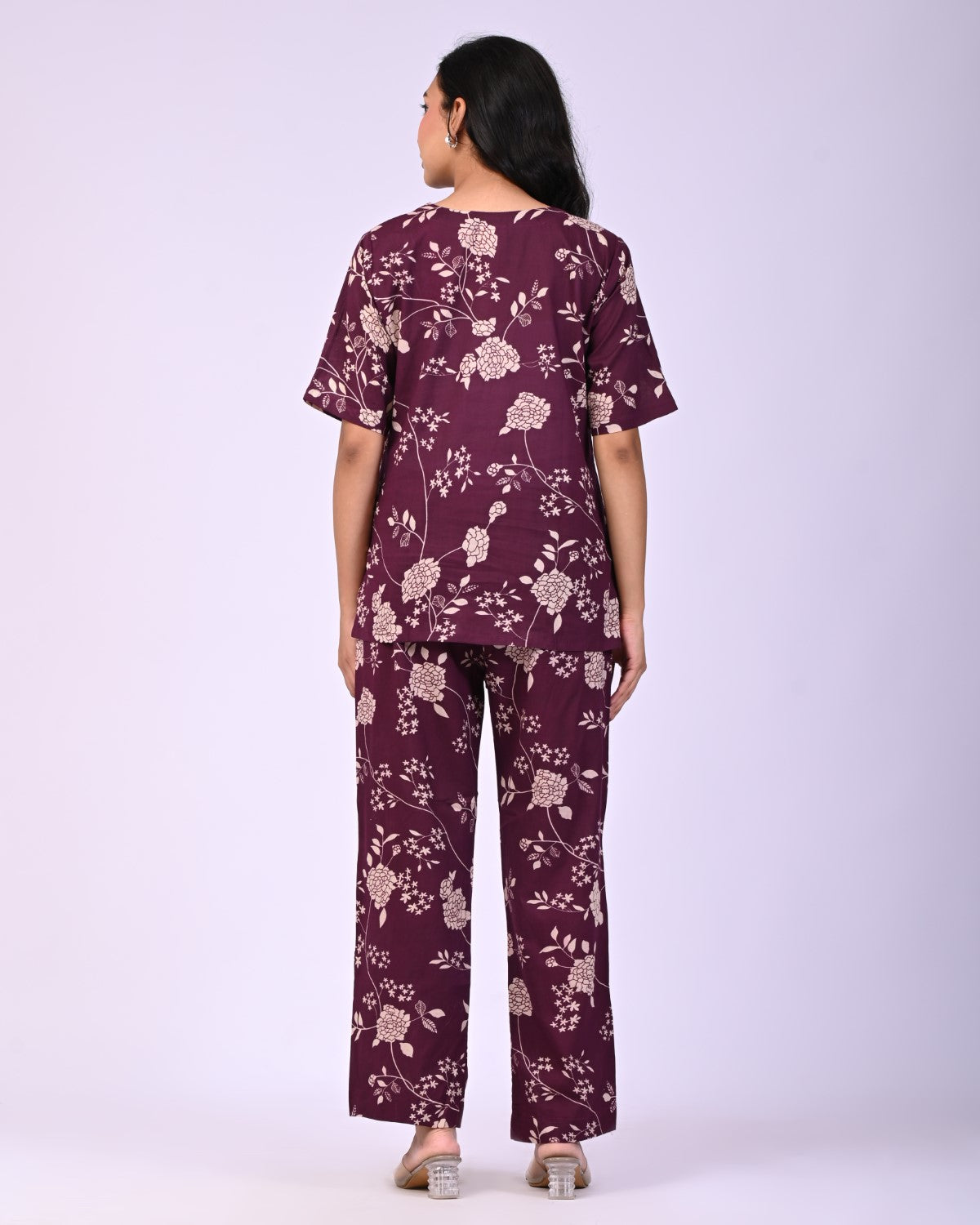 Wine Pure Cotton Floral Printed Co-ord Set