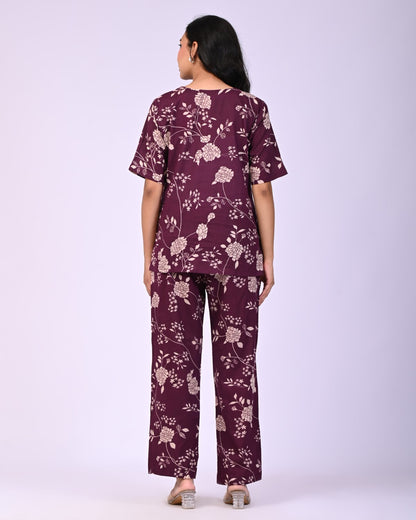 Wine Pure Cotton Floral Printed Co-ord Set