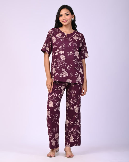Wine Pure Cotton Floral Printed Co-ord Set