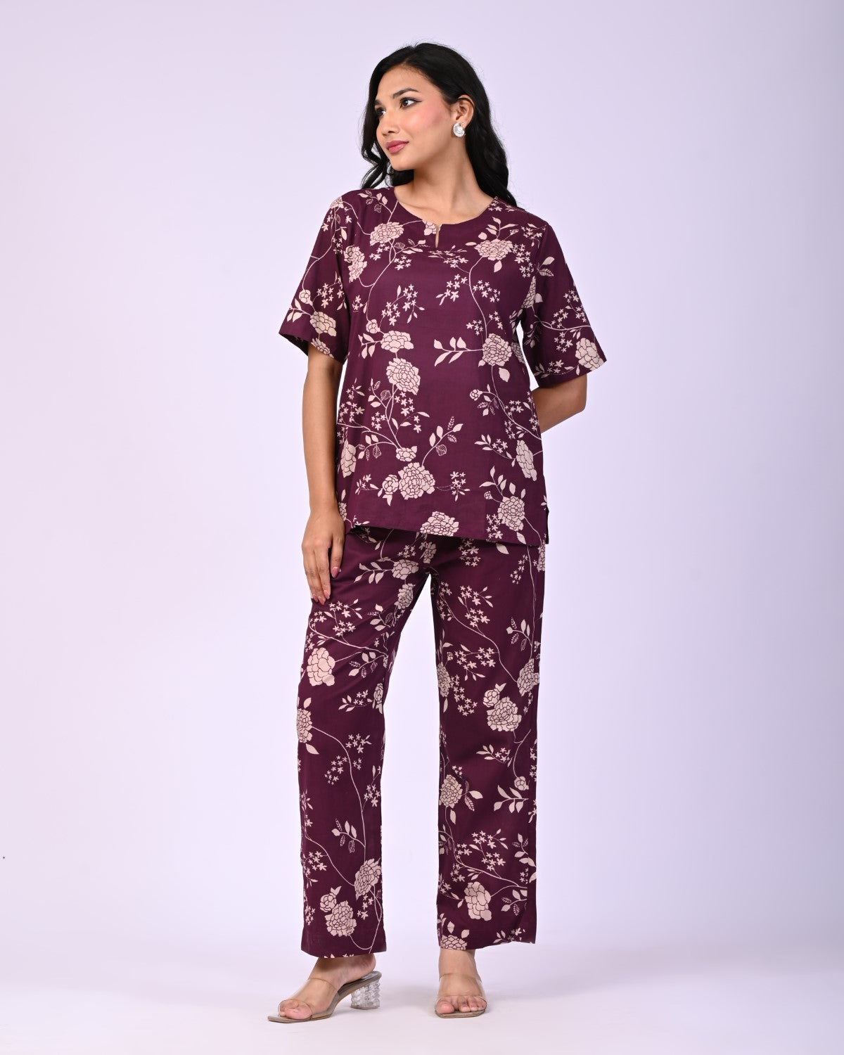 Wine Pure Cotton Floral Printed Co-ord Set