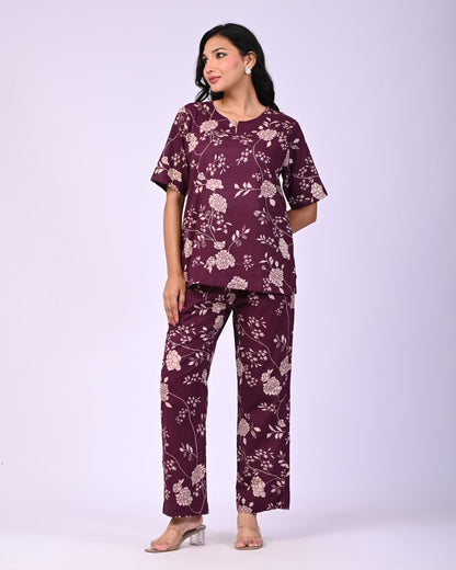 Wine Pure Cotton Floral Printed Co-ord Set