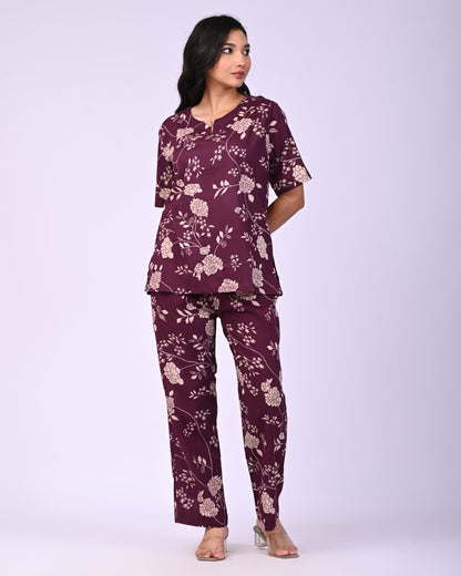 Wine Pure Cotton Floral Printed Co-ord Set