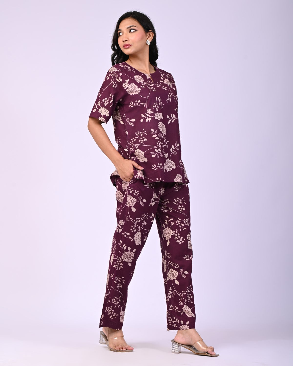 Wine Pure Cotton Floral Printed Co-ord Set